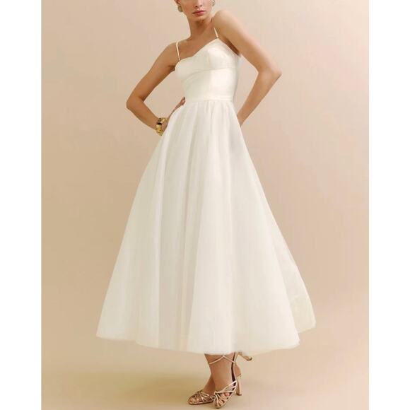 Reformation Alouette Fior Di Latte Satin Dress 4 NEW Mesh Tulle Sleeveless Midi